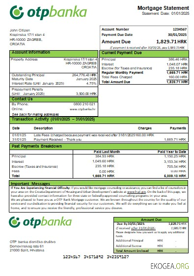 Croatie OTP Bank relevé hypothécaire scr